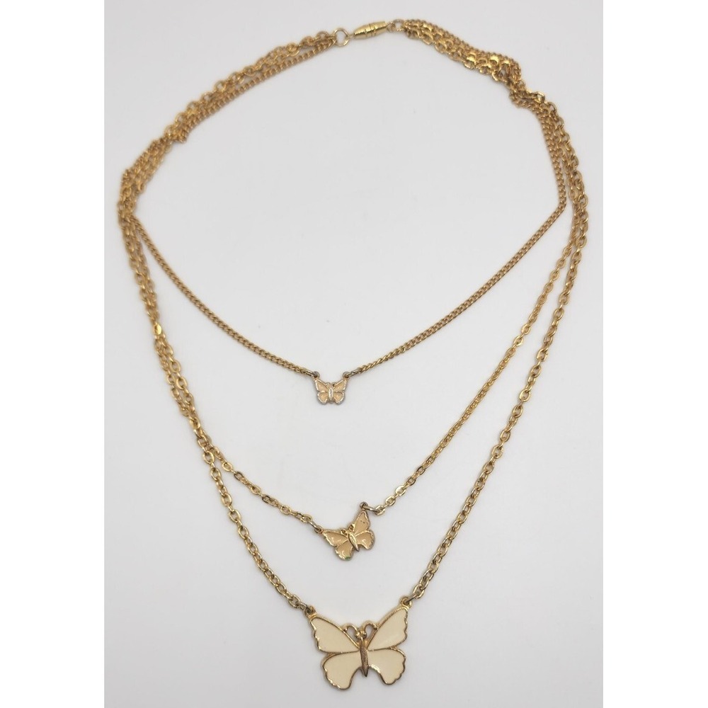 Vintage Layered Cream Enamel Butterfly Boho Neck Mess Gold Tone 3 Chain Necklace